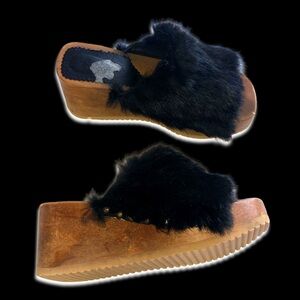 El Dante’s Y2K Vintage Real Fur Leather and Wood Sandal Heel Mule Platforms